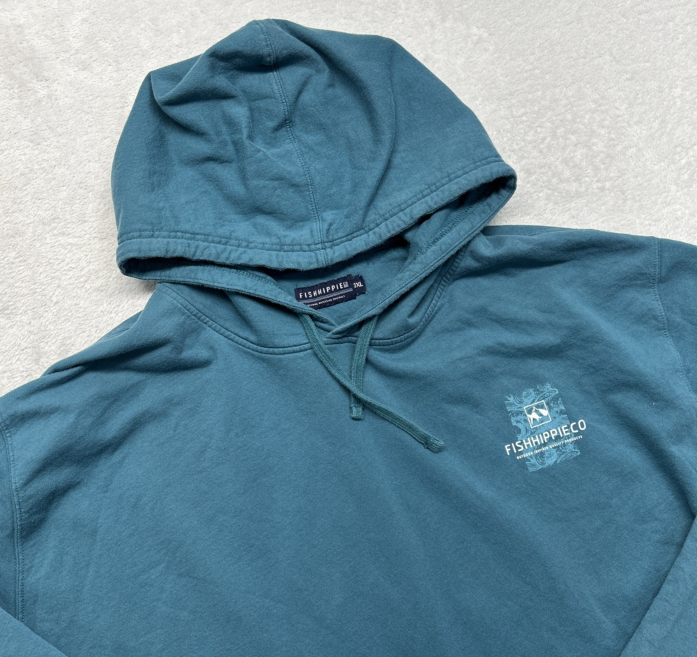 FISHHIPPIECO Sweatshirt Mens 3XL Blue Hooded Pullover Graphic Logo Outdoor